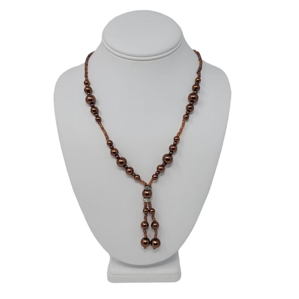 Faux Pearl Beaded Necklace Metallic Copper Color Rhinestones Seed Beads
